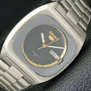Vintage 1978 Square Seiko Automatic Mens Silver Watch W/daydate & Gold accents